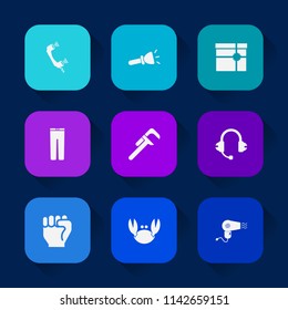 Modern, simple vector icon set on colorful long shadow backgrounds with fashion, reparation, mobile, lamp, web, white, telephone, light, shine, service, phone, box, ribbon, business, repair icons.