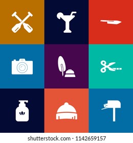 Modern, simple vector icon set on colorful flat backgrounds with bottle, hygiene, boat, cut, bar, glass, ink, technology, clean, liquid, camera, river, drink, calligraphy, sport, alcohol, paddle icons