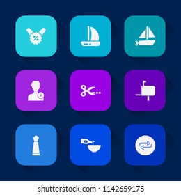 Modern, simple vector icon set on colorful long shadow backgrounds with chess, sea, member, piece, person, coupon, sign, wine, tool, wind, price, food, drink, dinner, substitute, concept, king icons.