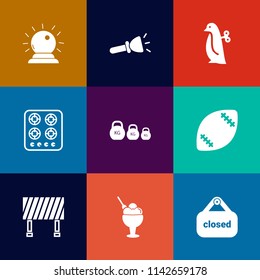 Modern, simple vector icon set on colorful flat backgrounds with store, toy, cream, american, animal, food, bulb, stove, flashlight, gas, object, cook, sorcery, stadium, lamp, shine, ball, sign icons