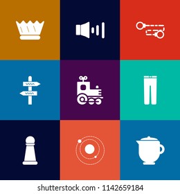 Modern, simple vector icon set on colorful flat backgrounds with locomotive, pants, travel, hot, crown, trousers, arrow, strategy, kingdom, button, link, king, business, tea, speaker, queen, way icons