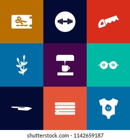 Modern, simple vector icon set on colorful flat backgrounds with sport, kitchen, gift, work, saw, discount, knife, dumbbell, label, template, snack, clothing, food, tool, fitness, agriculture icons
