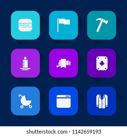 Modern, simple vector icon set on colorful long shadow backgrounds with candle, dinner, food, cheeseburger, pram, fast, snack, pasta, sign, meat, light, poker, fashion, tool, coat, burger, fire icons.
