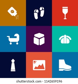 Modern, simple vector icon set on colorful flat backgrounds with piece, talc, king, fish, japan, white, frame, beverage, container, fashion, winery, child, bottle, care, slipper, carriage, sushi icons