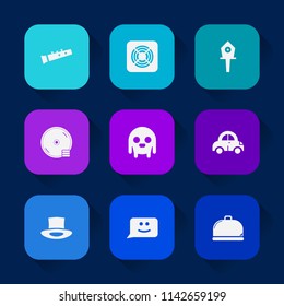 Modern, simple vector icon set on colorful long shadow backgrounds with hat, electric, cooling, heat, home, sign, compact, air, transport, dvd, harp, alien, ufo, house, ventilator, car, pipe icons.