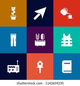 Modern, simple vector icon set on colorful flat backgrounds with library, clothing, room, fashion, life, spoon, jacket, green, white, dinner, decoration, pointer, plant, nature, clothes, tea icons