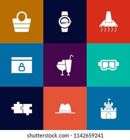 Modern, simple vector icon set on colorful flat backgrounds with snorkel, accessory, equipment, home, modern, mask, style, lock, plastic, device, white, smart, cream, touch, background, water icons