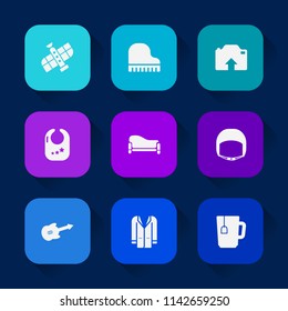 Modern, simple vector icon set on colorful long shadow backgrounds with upload, orbit, equipment, technology, home, cup, international, piano, space, station, fashion, child, instrument, belt icons.