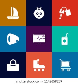 Modern, simple vector icon set on colorful flat backgrounds with cart, car, child, skate, sailboat, travel, sport, ship, music, transportation, sea, musical, automobile, beverage, cold, health icons