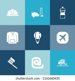 Modern, simple vector icon set on colorful blue backgrounds with fashion, plane, work, extreme, broom, industry, brush, mop, message, parachuting, home, vacation, safety, caravan, jacket, care icons