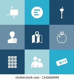 Modern, simple vector icon set on colorful blue backgrounds with pin, chocolate, people, travel, post, ticket, account, bucket, communication, human, bar, person, mobile, food, wine, box, mail icons