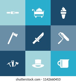 Modern, simple vector icon set on colorful blue backgrounds with belt, transparent, spanner, vanilla, paint, seat, card, meal, strawberry, fasten, cream, table, container, service, repair, roll icons