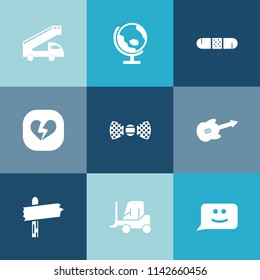 Modern, simple vector icon set on colorful blue backgrounds with earth, transport, smile, travel, musical, sign, health, delivery, bow, transportation, arrow, white, tie, medicine, guitar, truck icons