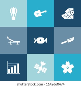 Modern, simple vector icon set on colorful blue backgrounds with cutlery, food, sakura, earth, global, knife, seat, dinner, air, sound, instrument, balloon, sweet, sign, healthy, diagram, cherry icons