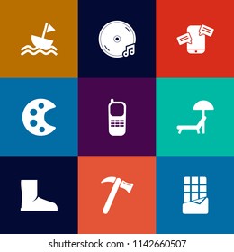 Modern, simple vector icon set on colorful flat backgrounds with sea, note, art, summer, food, palette, communication, chair, spanner, sweet, stationary, sign, tool, message, sound, dessert, bar icons