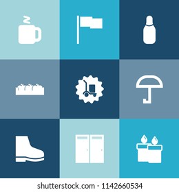 Modern, simple vector icon set on colorful blue backgrounds with healthy, candle, drink, graphic, wax, warehouse, fashion, flame, door, cup, coffee, ball, white, organic, nature, cone, sport icons