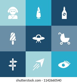 Modern, simple vector icon set on colorful blue backgrounds with summer, bottle, liquid, raw, asian, ufo, fashion, pram, business, space, direction, ice, travel, drink, geisha, carrot, kimono icons