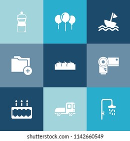 Modern, simple vector icon set on colorful blue backgrounds with boat, yacht, technology, fruit, decoration, file, party, housework, apple, cleaner, photo, bath, folder, transport, pie, clean icons
