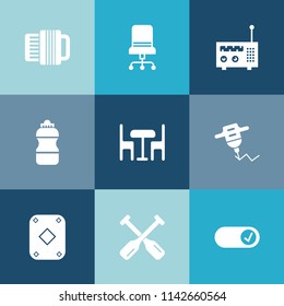 Modern, simple vector icon set on colorful blue backgrounds with drink, home, container, electric, oar, machine, water, power, , room, music, media, game, play, office, beverage, hand, style icons