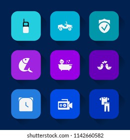 Modern, simple vector icon set on colorful long shadow backgrounds with food, security, technology, camera, film, call, telephone, equipment, white, love, sign, baby, wireless, collection, car icons.