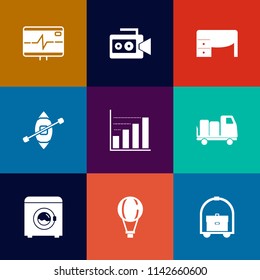 Modern, simple vector icon set on colorful flat backgrounds with jump, business, media, computer, heart, top, delivery, rate, boat, health, wash, lens, film, space, sky, shipping, extreme, white icons