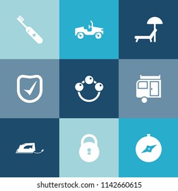 Modern, simple vector icon set on colorful blue backgrounds with umbrella, beach, vehicle, toothbrush, compass, north, health, sign, check, infant, care, baby, map, relaxation, vacation, chair icons