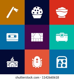 Modern, simple vector icon set on colorful flat backgrounds with architecture, repair, ufo, screwdriver, retro, bakery, doughnut, government, muffin, theater, kitchen, tool, tape, chocolate, toy icons