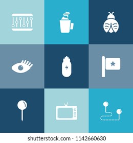 Modern, simple vector icon set on colorful blue backgrounds with screen, espresso, nation, equality, technology, america, girl, travel, tea, hot, nature, abstract, destination, beautiful, dragon icons