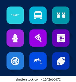 Modern, simple vector icon set on colorful long shadow backgrounds with water, necklace, bus, game, food, american, ocean, wash, flip, safety, fire, flop, stadium, japanese, transportation, mon icons.