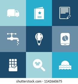 Modern, simple vector icon set on colorful blue backgrounds with sunrise, delivery, transport, sun, document, extreme, favorite, light, bar, jump, write, truck, nature, sweet, template, want icons