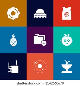 Modern, simple vector icon set on colorful flat backgrounds with table, tropical, sweet, team, child, cookie, baby, data, chocolate, space, doughnut, pineapple, work, food, file, muffin, nature icons