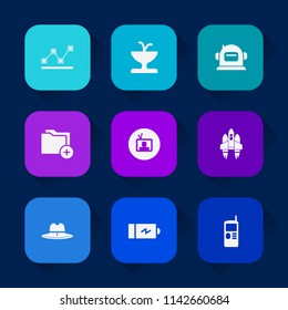 Modern, simple vector icon set on colorful long shadow backgrounds with data, electricity, famous, mobile, phone, rocket, energy, stats, craft, chart, art, hat, file, fountain, astronaut, power icons.