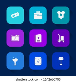 Modern, simple vector icon set on colorful long shadow backgrounds with package, play, boy, alcohol, cute, case, kid, musical, music, cocktail, favorite, business, child, online, poker, game icons.