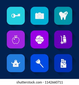 Modern, simple vector icon set on colorful long shadow backgrounds with house, dentist, grain, food, hygiene, equipment, key, apple, digital, chief, dessert, transportation, dentistry, truck icons.