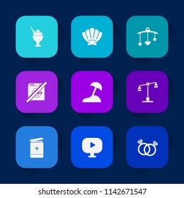 Modern, simple vector icon set on colorful long shadow backgrounds with dont, marine, sea, justice, baby, medical, sign, cute, romance, travel, balance, mobile, cream, snail, ice, ring, cone icons.