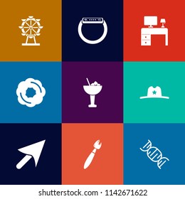 Modern, simple vector icon set on colorful flat backgrounds with west, computer, sweet, ferris, cowboy, cursor, fun, brush, smart, wheel, alcohol, food, touch, sign, desk, business, work, web icons
