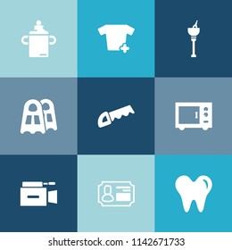 Modern, simple vector icon set on colorful blue backgrounds with party, film, milk, television, drink, food, celebration, water, saw, kid, video, oven, dentist, camera, white, bottle, card, wine icons