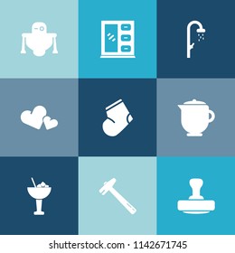 Modern, simple vector icon set on colorful blue backgrounds with futuristic, teapot, heart, robotic, science, stamp, tea, machine, future, mark, bath, interior, tool, home, drink, breakfast, hot icons