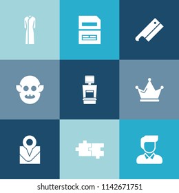 Modern, simple vector icon set on colorful blue backgrounds with puzzle, boy, humanoid, sign, medical, fiction, fashion, file, dress, queen, save, ufo, axe, data, computer, clothes, steel, king icons