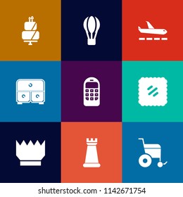 Modern, simple vector icon set on colorful flat backgrounds with king, phone, parachute, cake, bakery, balloon, wheelchair, cabinet, sweet, crown, royal, handicap, piece, luggage, letter, post icons