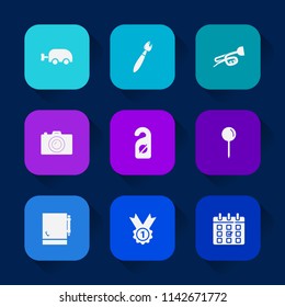 Modern, simple vector icon set on colorful long shadow backgrounds with lens, equipment, tool, notebook, calendar, pram, time, drop, photography, photographer, work, motel, brush, paintbrush icons.