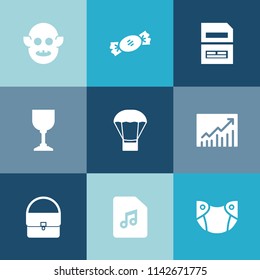 Modern, simple vector icon set on colorful blue backgrounds with striped, sound, air, concept, fashion, music, sign, hot, candy, computer, colorful, note, extraterrestrial, data, bag, care, file icons
