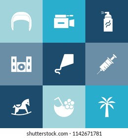 Modern, simple vector icon set on colorful blue backgrounds with glass, kite, baby, building, grunge, video, medical, media, clinic, dentist, worker, work, film, home, child, helmet, camera, joy icons