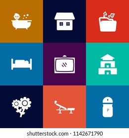 Modern, simple vector icon set on colorful flat backgrounds with boy, furniture, shower, food, music, bedroom, bed, television, flower, fitness, tv, floral, child, salt, house, pagoda, real, kid icons