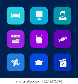 Modern, simple vector icon set on colorful long shadow backgrounds with double, bear, coffee, handle, day, computer, lollipop, man, orbit, hotel, sweet, caffeine, food, play, object, espresso icons.