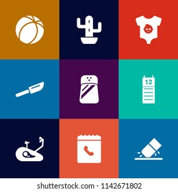 Modern, simple vector icon set on colorful flat backgrounds with education, clothes, ball, clothing, bike, plant, green, kick, kid, game, botany, fork, erase, calendar, football, flying, desert icons