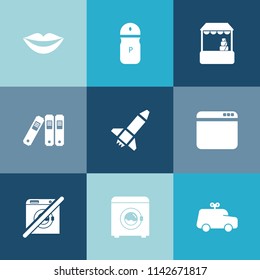 Modern, simple vector icon set on colorful blue backgrounds with toy, shop, car, female, mouth, website, internet, wash, launch, office, woman, sign, child, market, rocket, black, food, folder icons