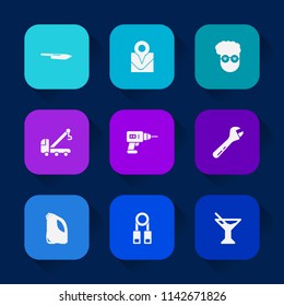 Modern, simple vector icon set on colorful long shadow backgrounds with wrench, knife, travel, transportation, graphic, hand, training, spanner, style, tow, car, fashion, hipster, equipment icons.