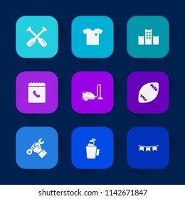 Modern, simple vector icon set on colorful long shadow backgrounds with shirt, sea, helmet, clothing, book, water, male, flag, sport, industry, foreman, clothes, football, vacation, celebration icons.
