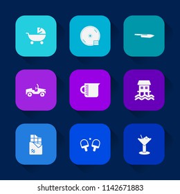 Modern, simple vector icon set on colorful long shadow backgrounds with dessert, disk, infant, cd, alcohol, cocktail, liquid, record, kid, tennis, container, knife, mother, automotive, vehicle icons.